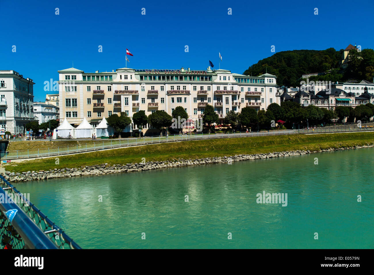 The hotel of Sacher in the city of Salzburg in Austria, Das Hotel Sacher in der Stadt Salzburg in oesterreich Stock Photo