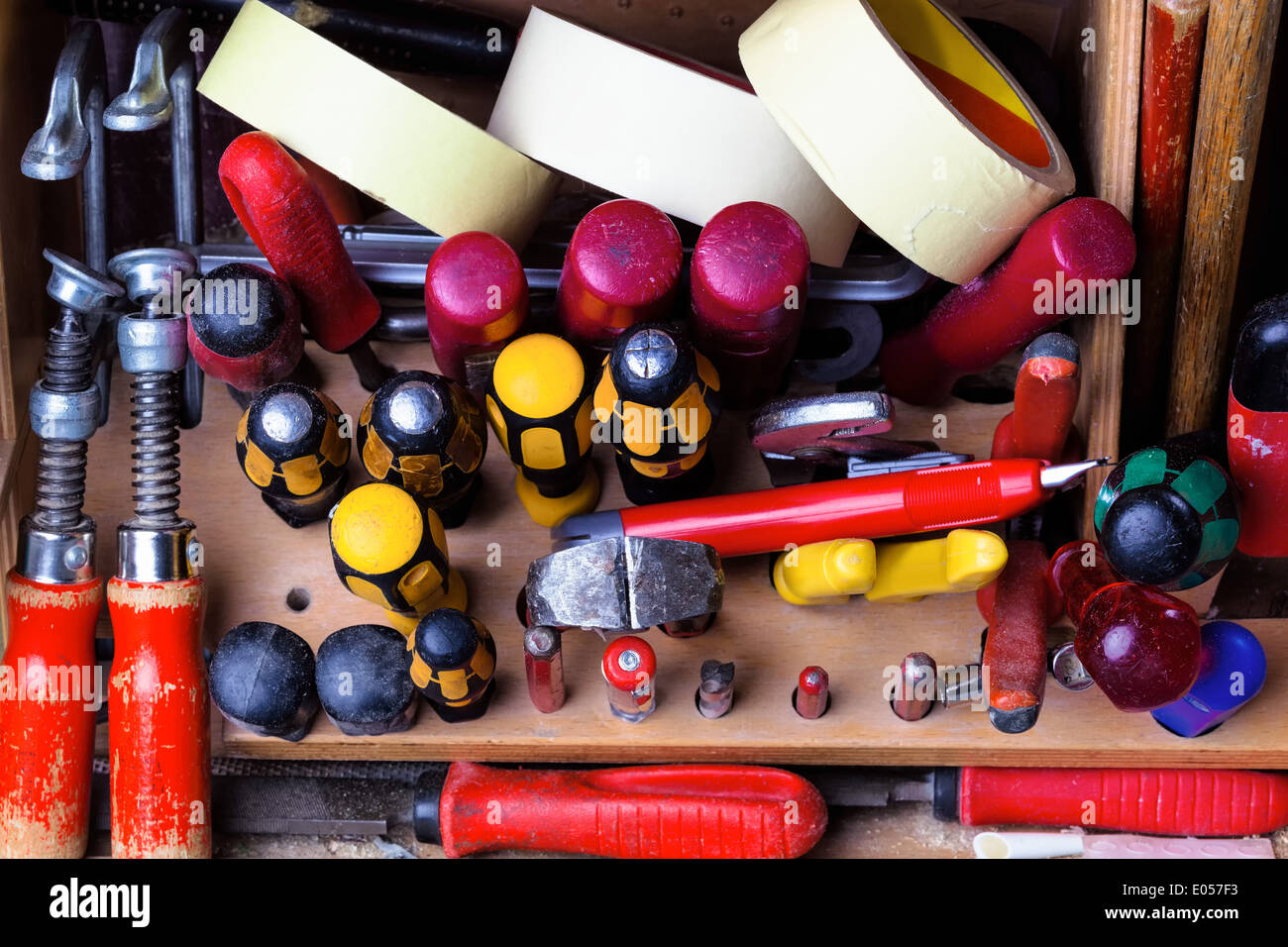 The tool suitcase of a craftsman in the open state., Der Werkzeugkoffer eines Handwerkers im geoeffneten Zustand. Stock Photo