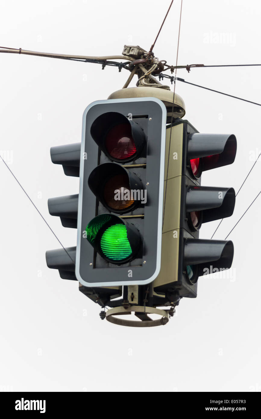 A traffic light with green light. Symbolic photo for free journey, economic situation and success, Eine Verkehrsampel mit gruene Stock Photo