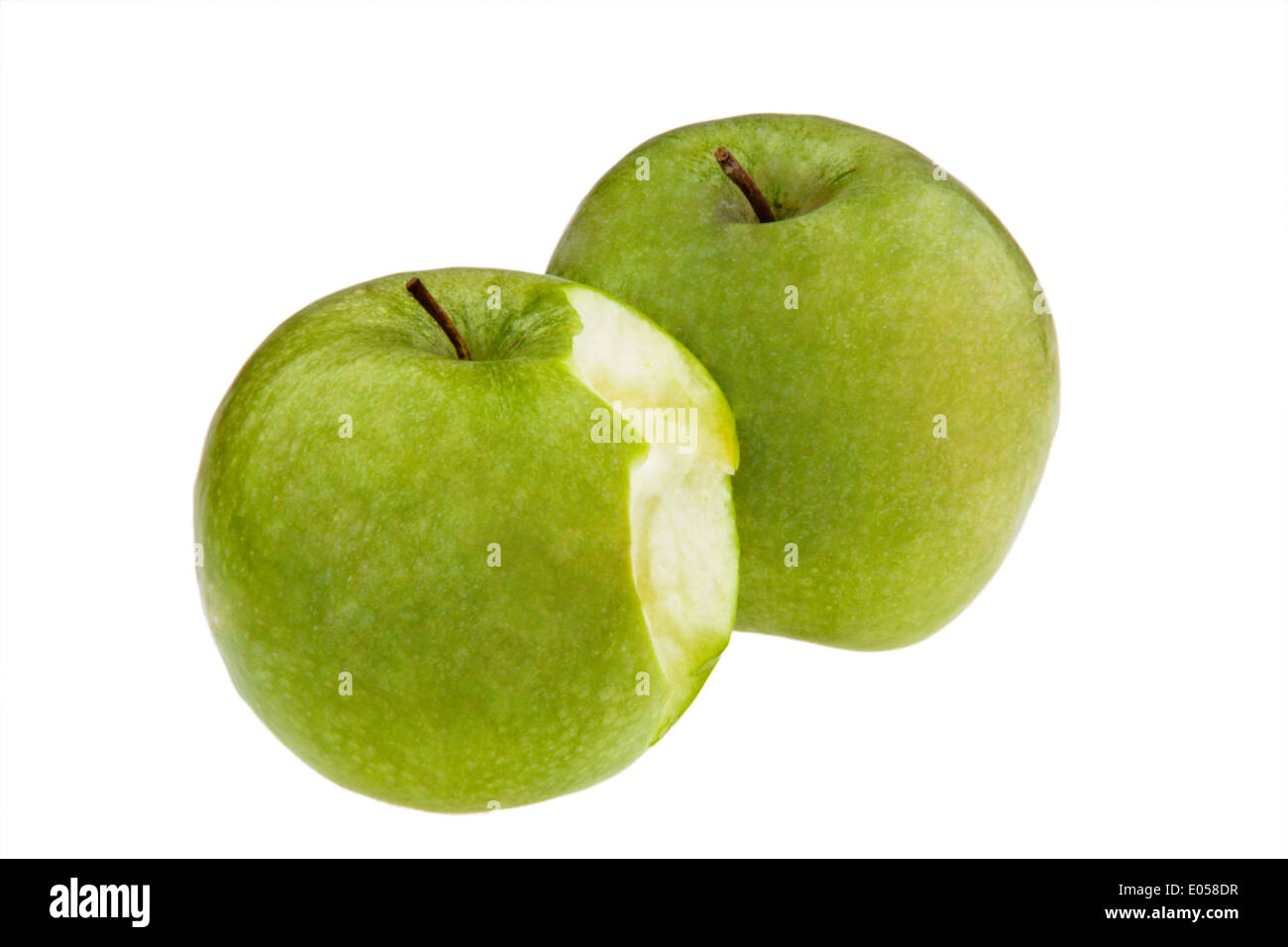 A bitten into apple on wei ? ?em background, Ein Angebissener Apfel auf weißem Hintergrund Stock Photo