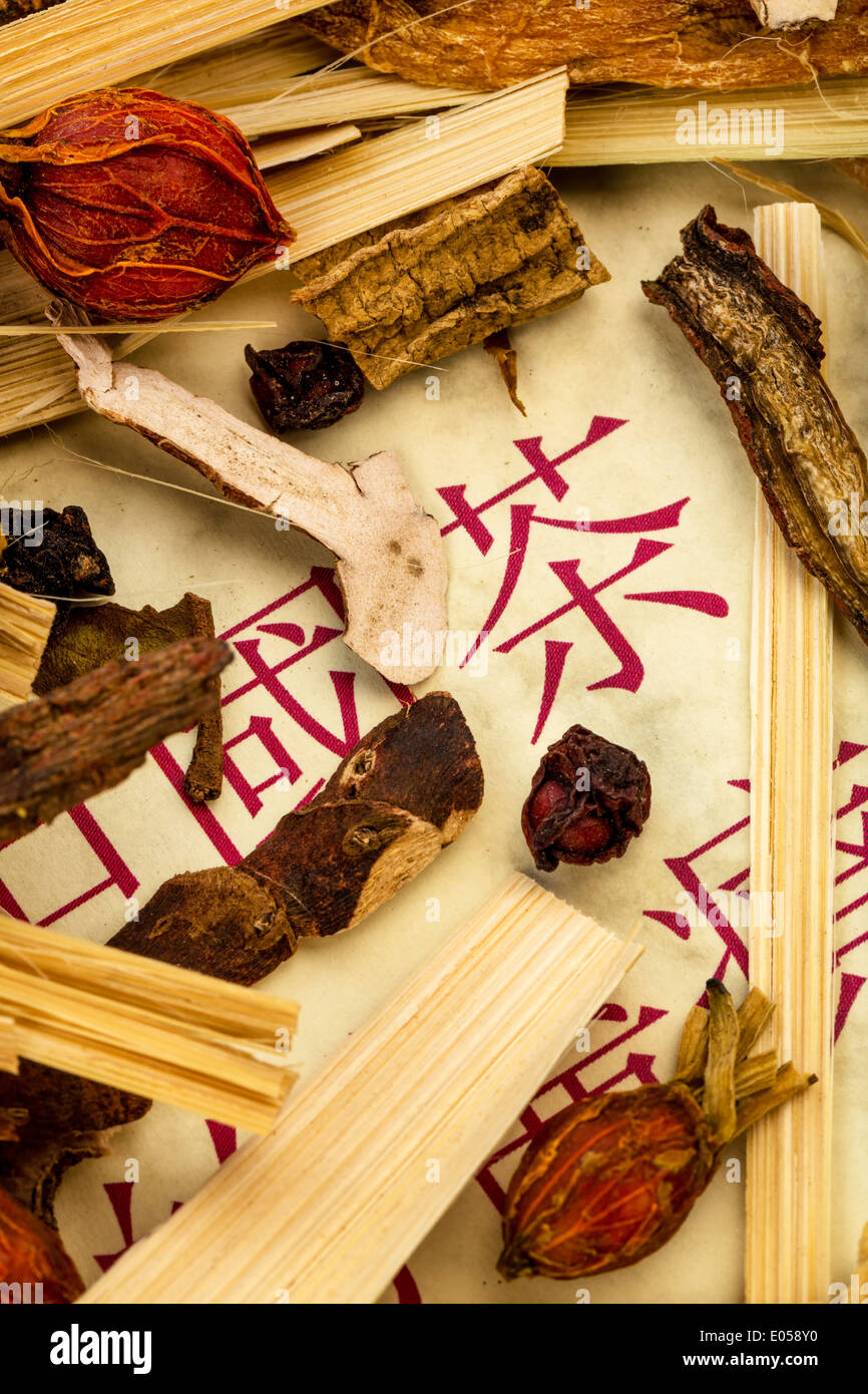 Ingredients for a tea in the traditional Chinese medicine. Healing of illnesses by alternative methods., Zutaten fuer einen Tee Stock Photo