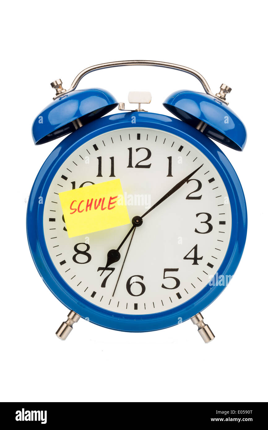 'An alarm clock with a self-sticking note: ''School'' as a symbol photo for beginning of term', 'Ein Wecker mit einer Haftnotiz: Stock Photo