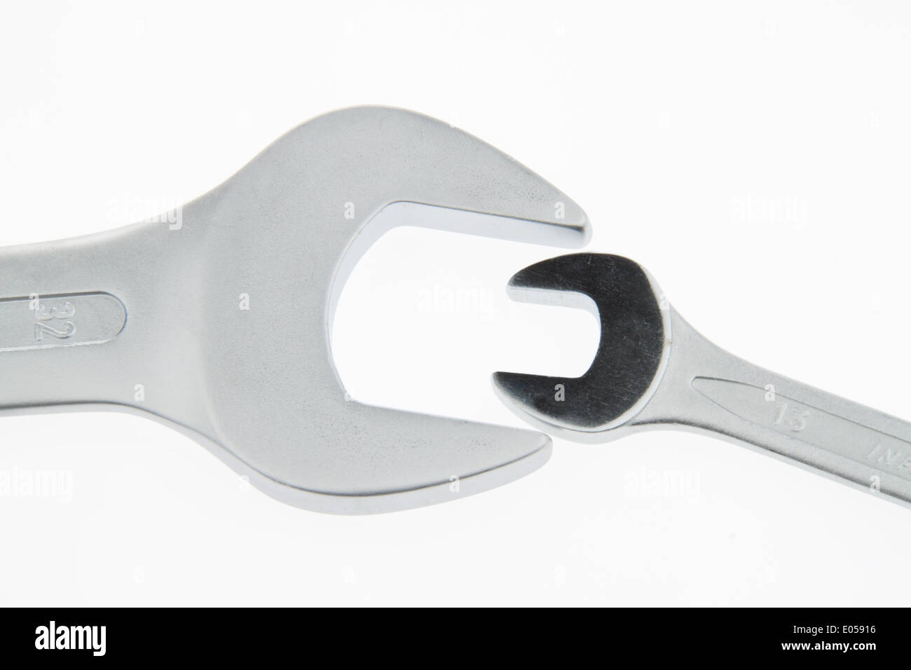 .Work chrome fork wrench object trade industry open end wrench metal metalworker metal industry key spanner tools tools economy Stock Photo