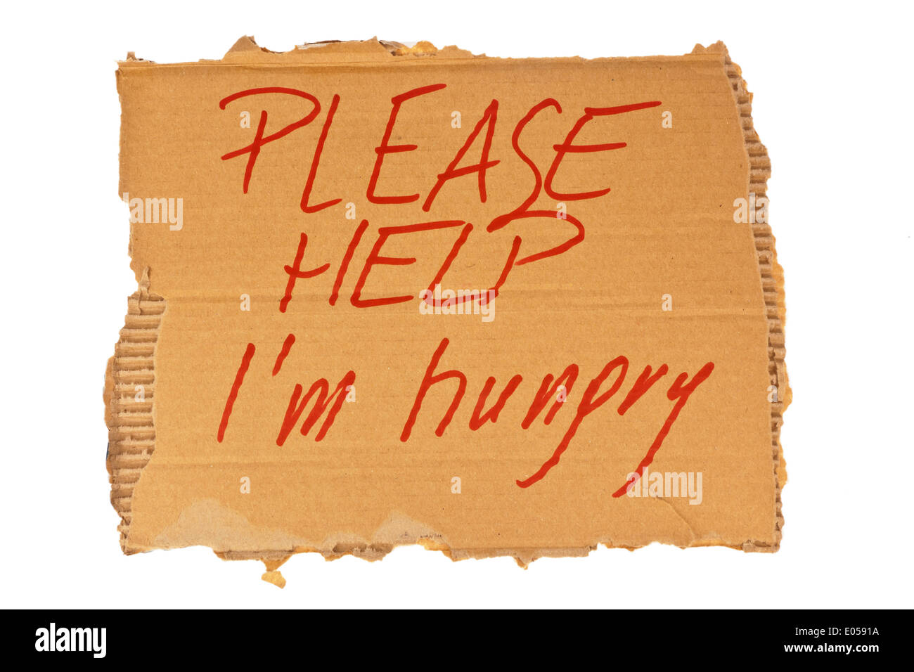 The sign from cardboard of a homeless. Isolated on white background ...