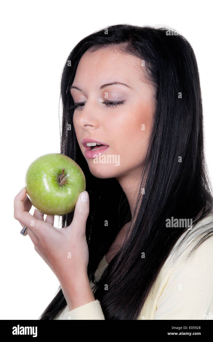 Woman with apple, fruit and vitamins with diet, Frau mit Apfel, Obst und Vitaminen bei Diaet Stock Photo