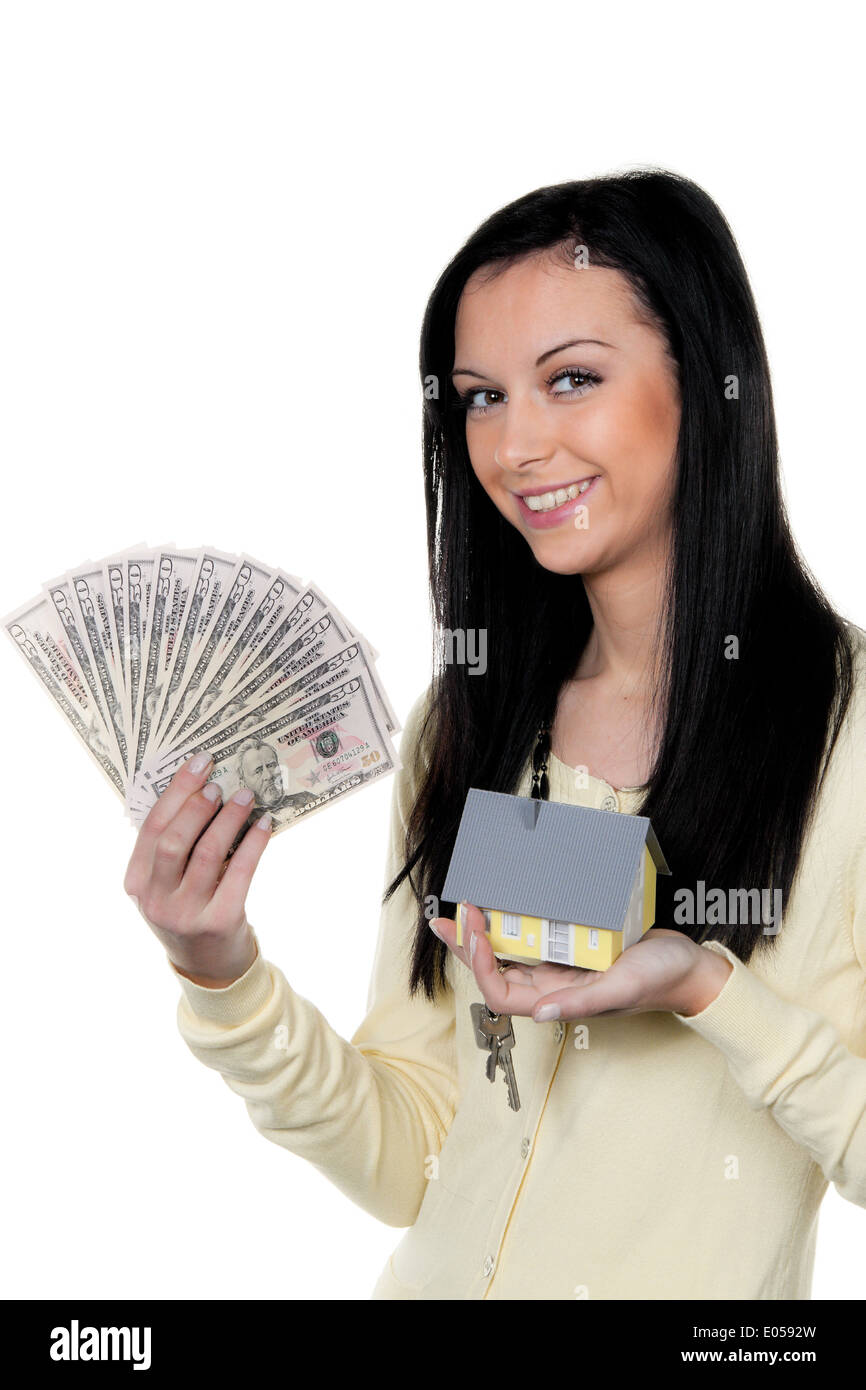 Woman with real estate and key after house purchase, Frau mit Immobilie und Schluessel nach Hauskauf Stock Photo