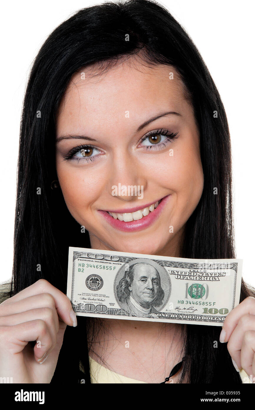 Woman with dollar of bank note, Frau mit Dollar Geldschein Stock Photo
