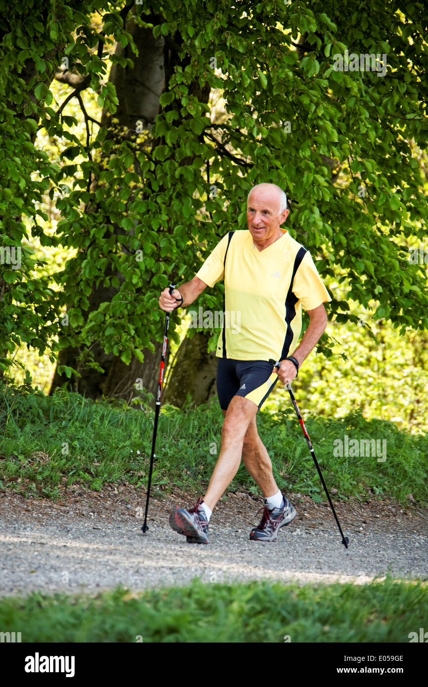 A boss trains for fitness with the Nordic drum, Ein Senior trainiert fuer Fitness beim Nordic walken Stock Photo