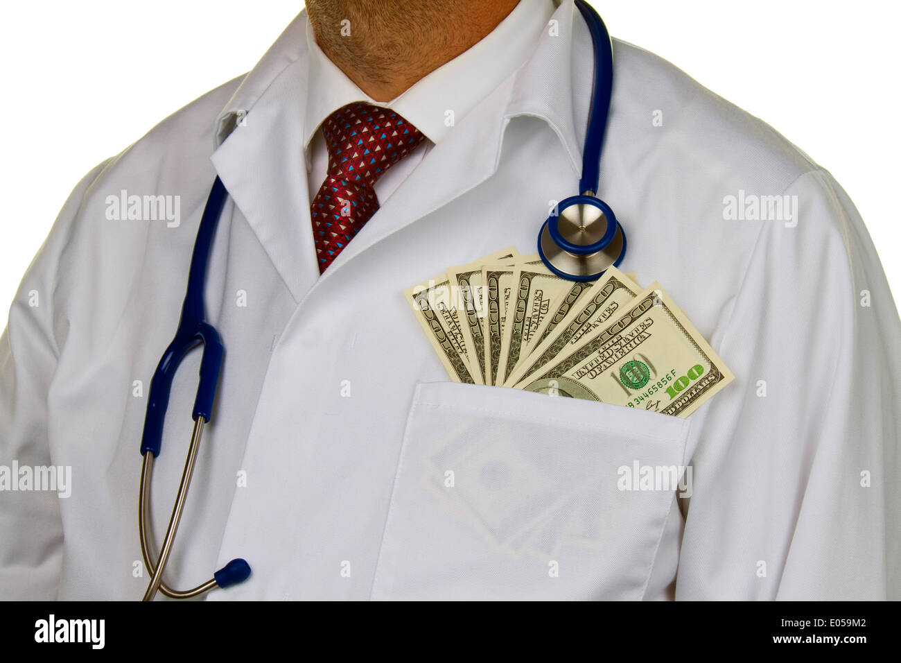 A doctor with dollar of bank notes, Ein Arzt mit Dollar Geldscheinen Stock Photo