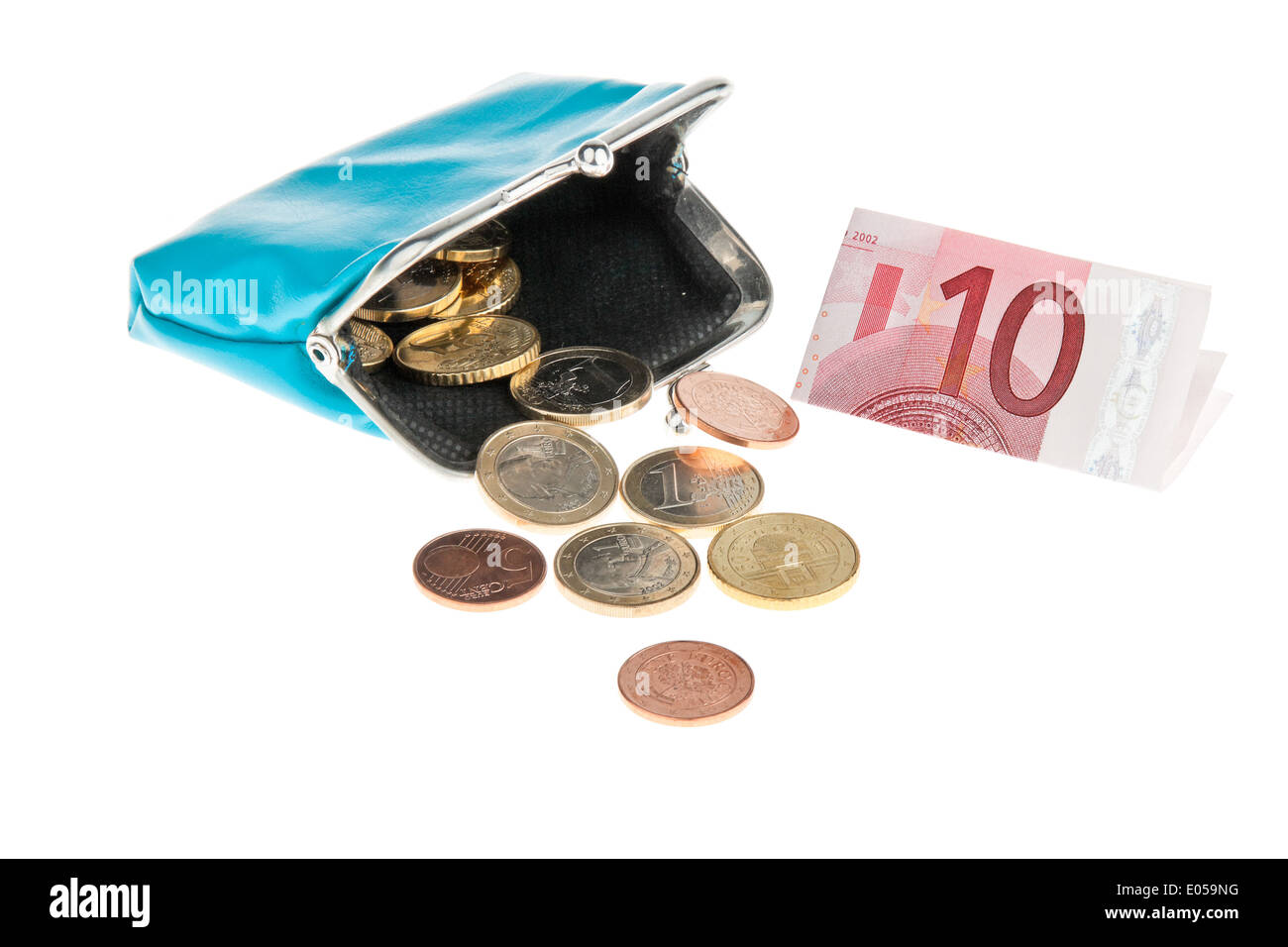 A change purse with euro of bank notes and coins, Eine Geldboerse mit Euro Geldscheinen und Muenzen Stock Photo