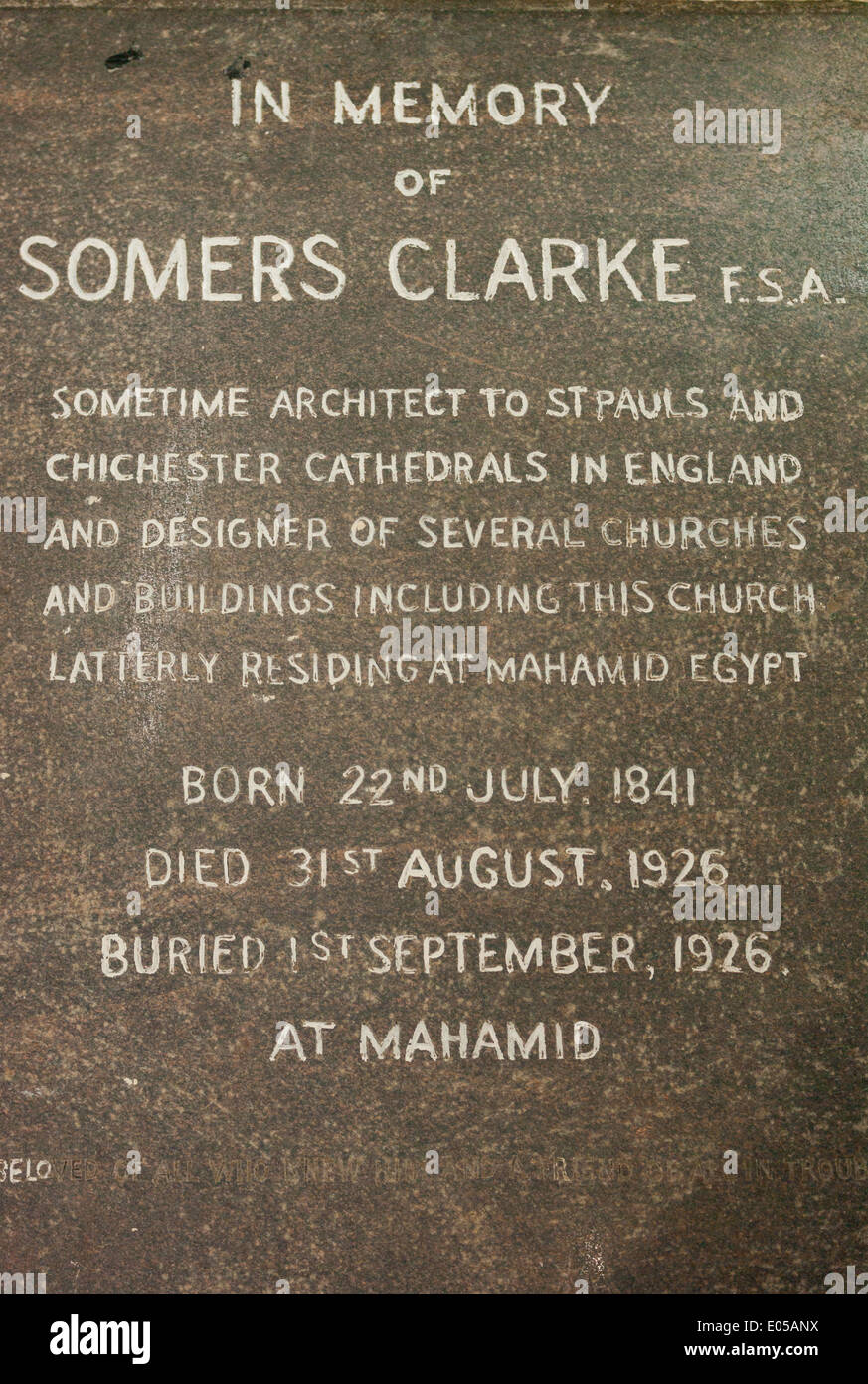 In memory of Somers Clarke, Coptic Cathedral, Aswan Stock Photo