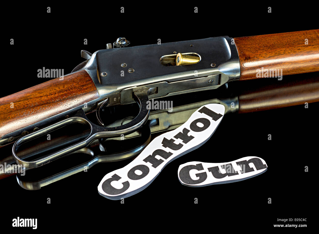 Western rifle leaver action with gun control words Stock Photo