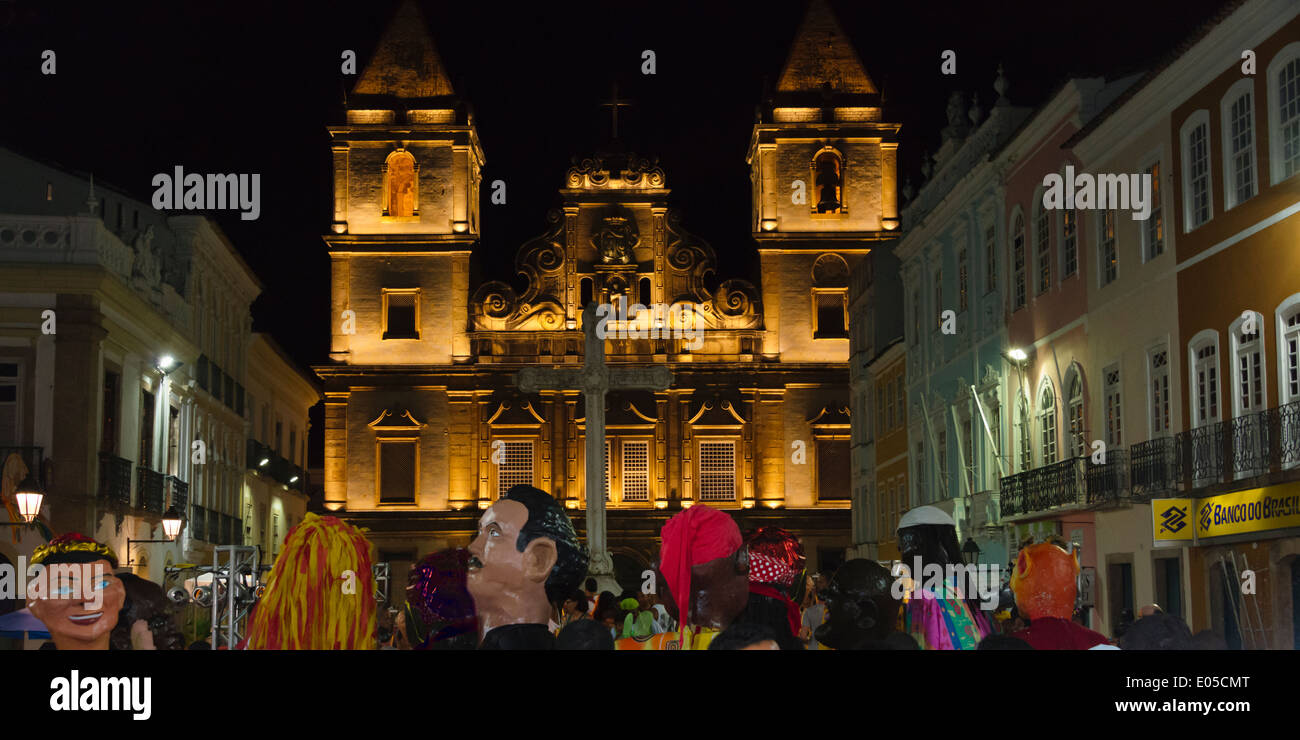 Carnival parade in front of Sao Francisco in Pelourinho District, Salvador (UNESCO World Heritage site), Bahia State, Brazil Stock Photo