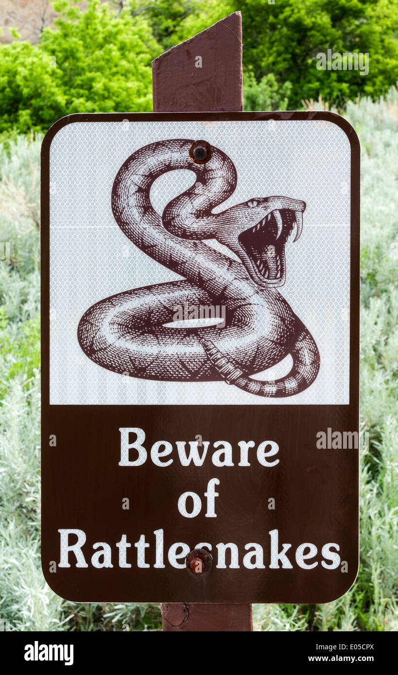 Montana, Pictograph Cave State Park near Billings, Beware of Rattlesnakes sign Stock Photo