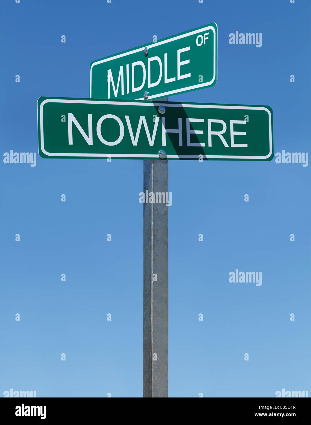 Two Green Street Signs Middle of Nowhere on a Metal Pole with Blue Sky Background. Stock Photo