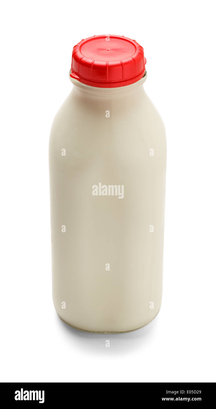 Glass bottle of milk with red cap isolated on a white background. Top View. Stock Photo