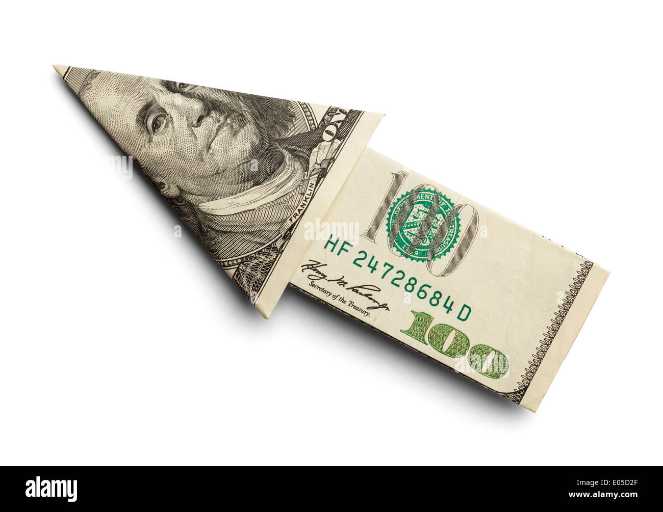 Hundred Dollar Bill Folded into an Arrow Isolated On White Background. Stock Photo