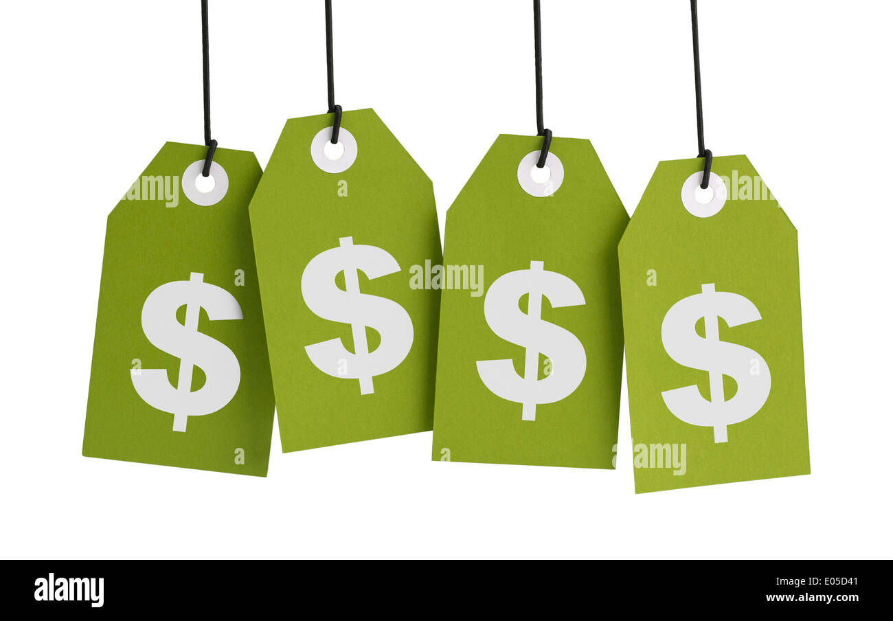 Four Large Green Tags with Money Symbols Isolated on White Background. Stock Photo