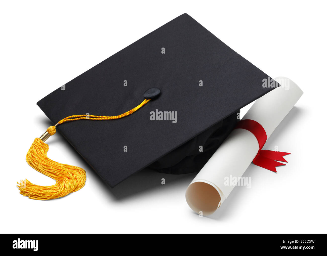 Black Graduation Cap with Degree Isolated on White Background. Stock Photo