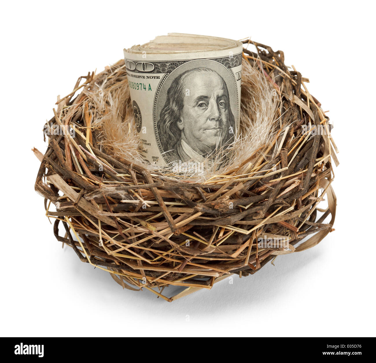 Retirement nest egg of cash in a nest isolated on a white background Stock Photo