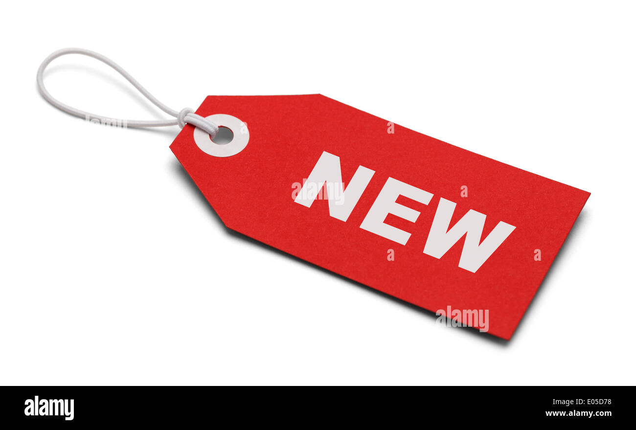 Red sales tag with the word New on it isolated on white background. Stock Photo