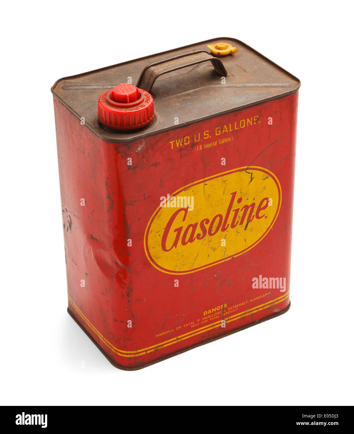 Red and rusty gas can that says Gasoline on it, Isolated on White Background. Stock Photo