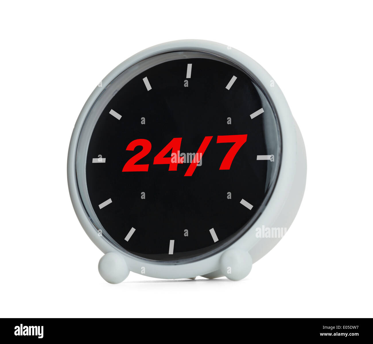 Clock with 24/7 in red Isolated on White Background. Stock Photo