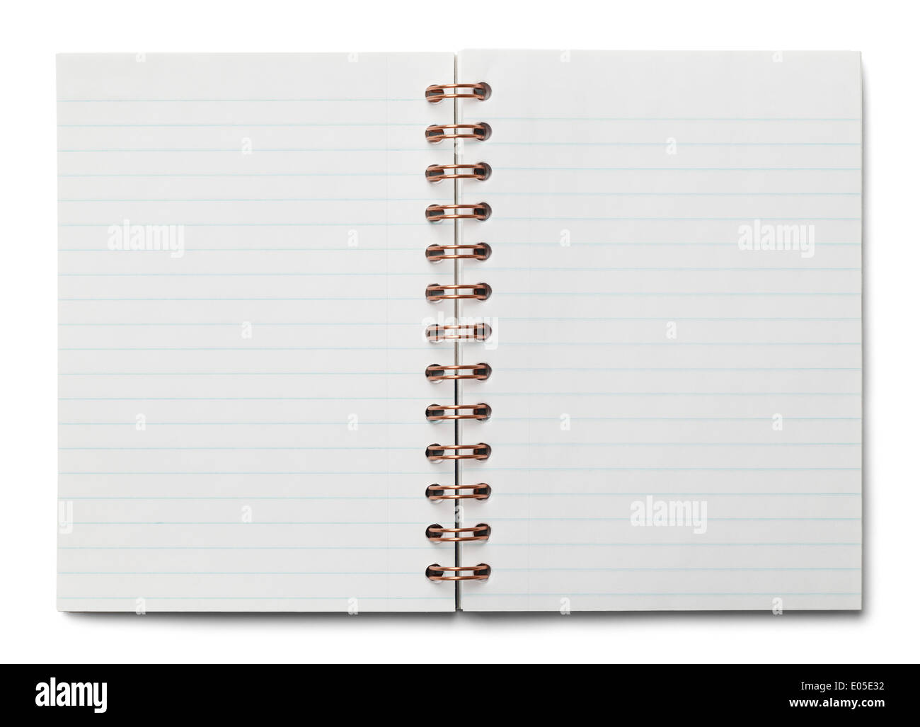 Small Spiral Bound Notebook Open with white blue Lined Paper Isolated on White Background. Stock Photo