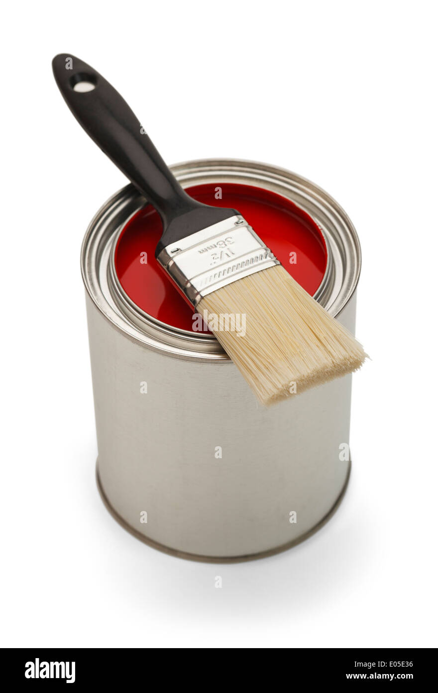 Silver can with red paint and brush isolated on white background. Stock Photo