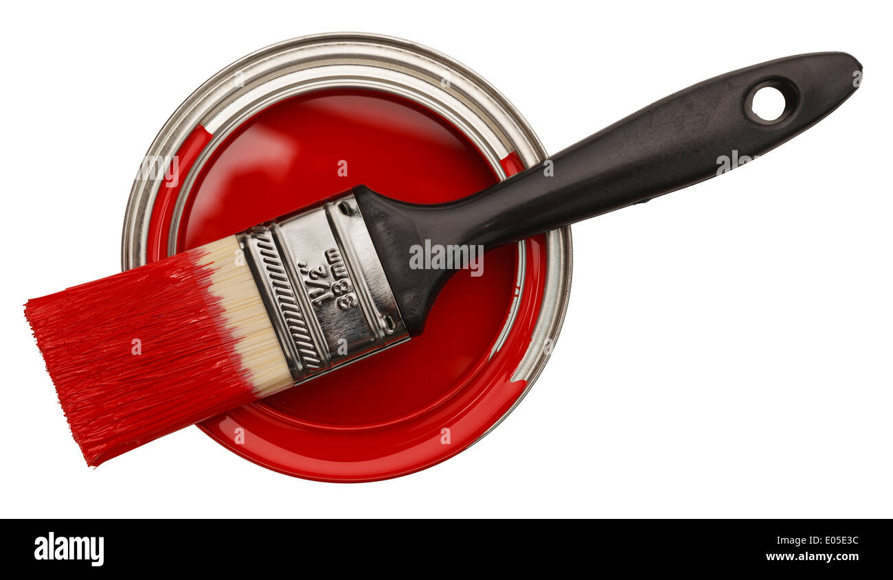 Red Paint Can Open with Brush Top View Isolated On White Background. Stock Photo