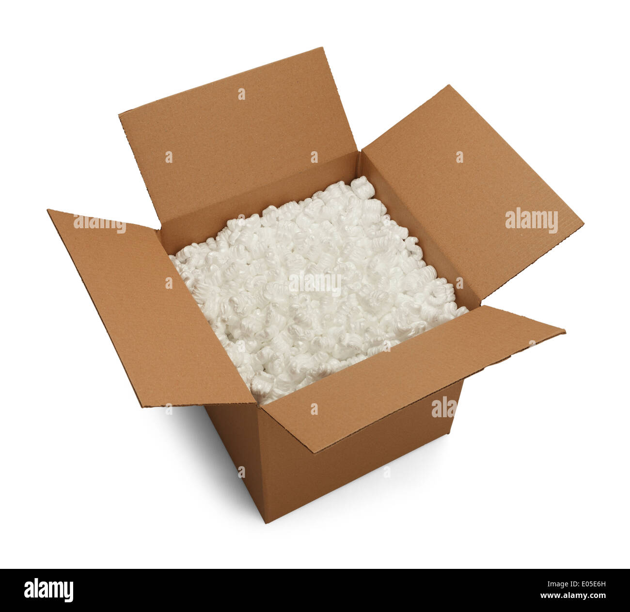 Open Brown Cardboard Box with Packing Peanuts Inside Isolated on White Background. Stock Photo