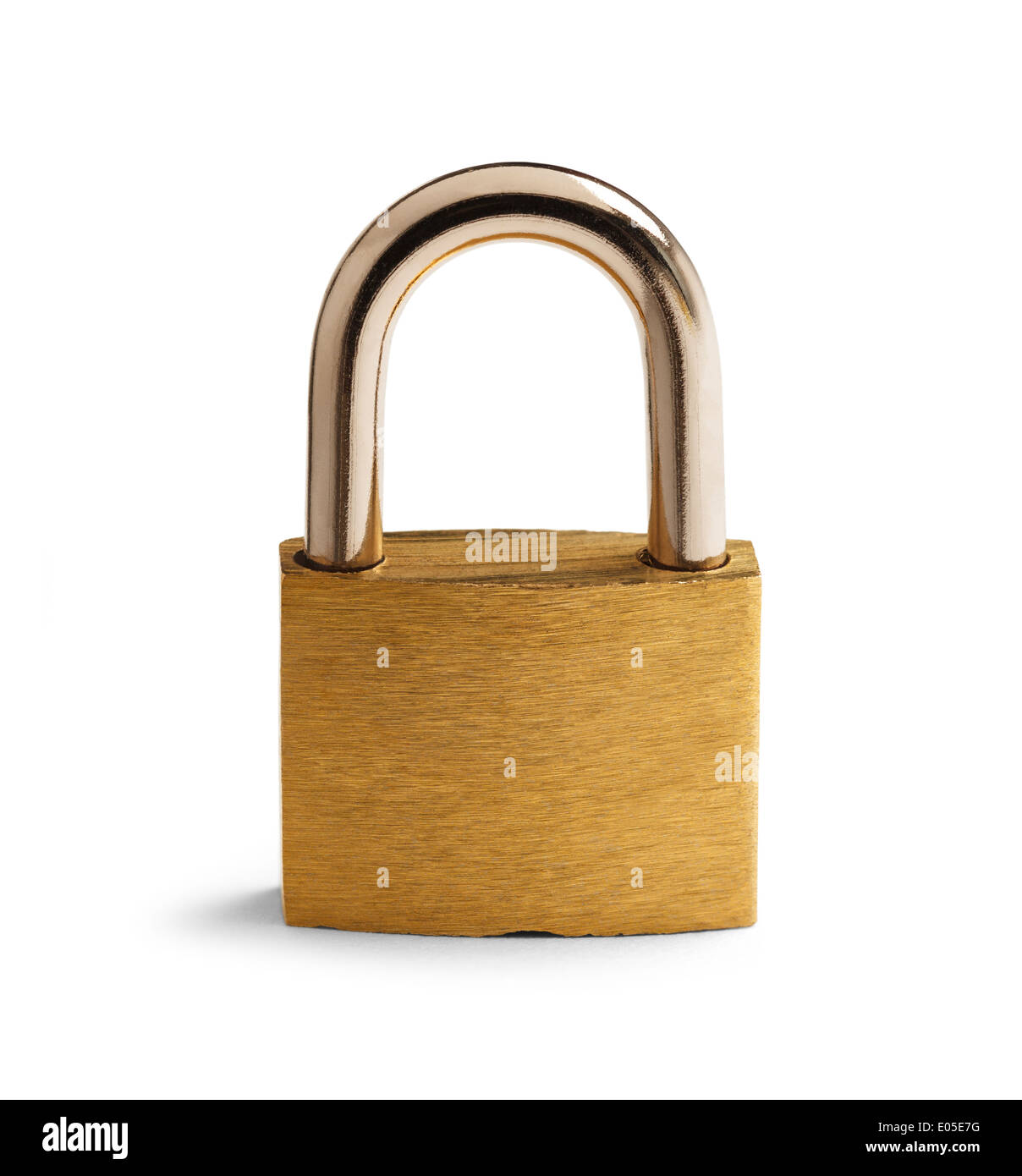 Brass Padlock Closed and Locked with Copy space Isolated on White Background. Stock Photo