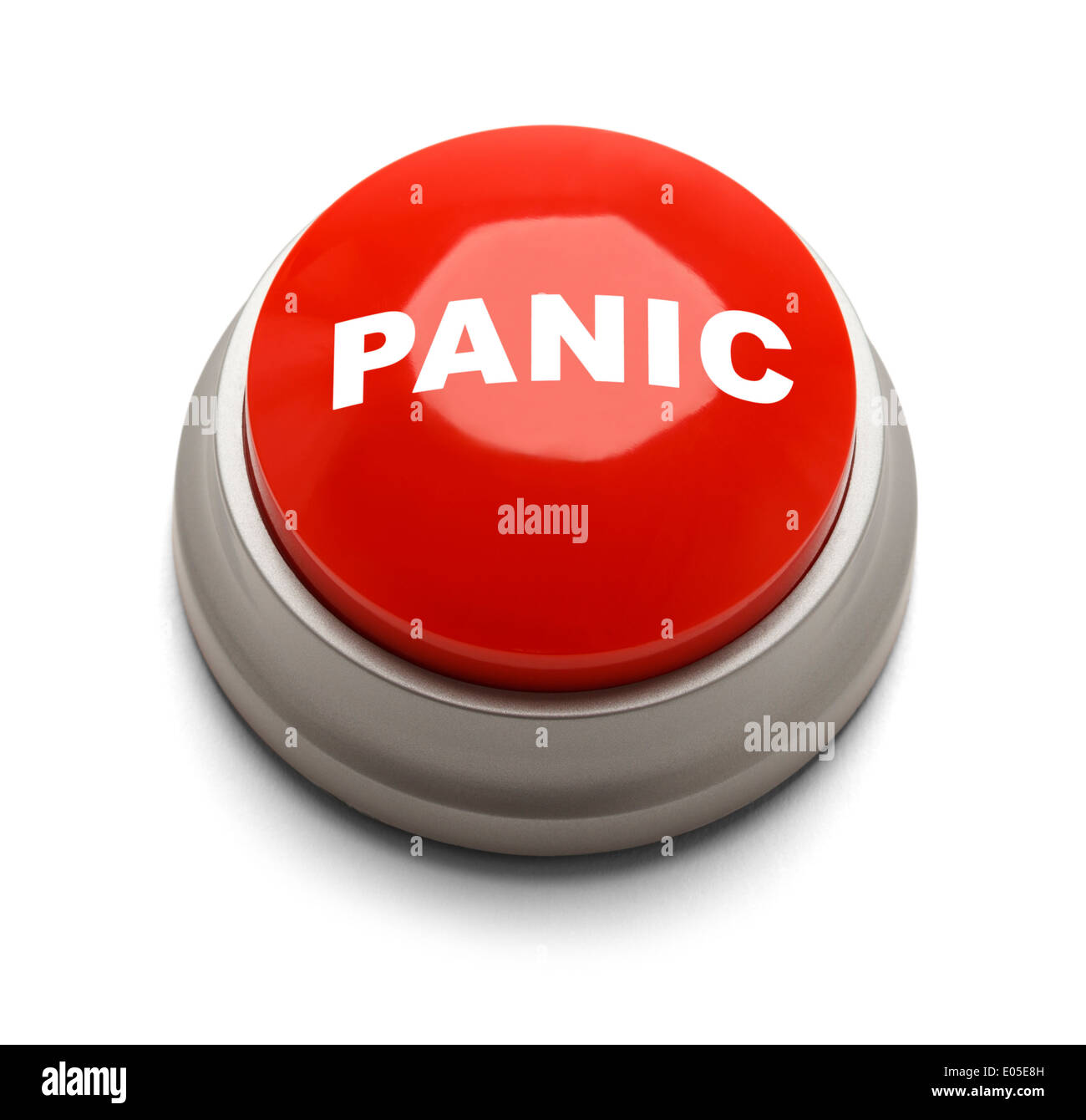 Red round button with panic printed on it isolated on a white background. Stock Photo