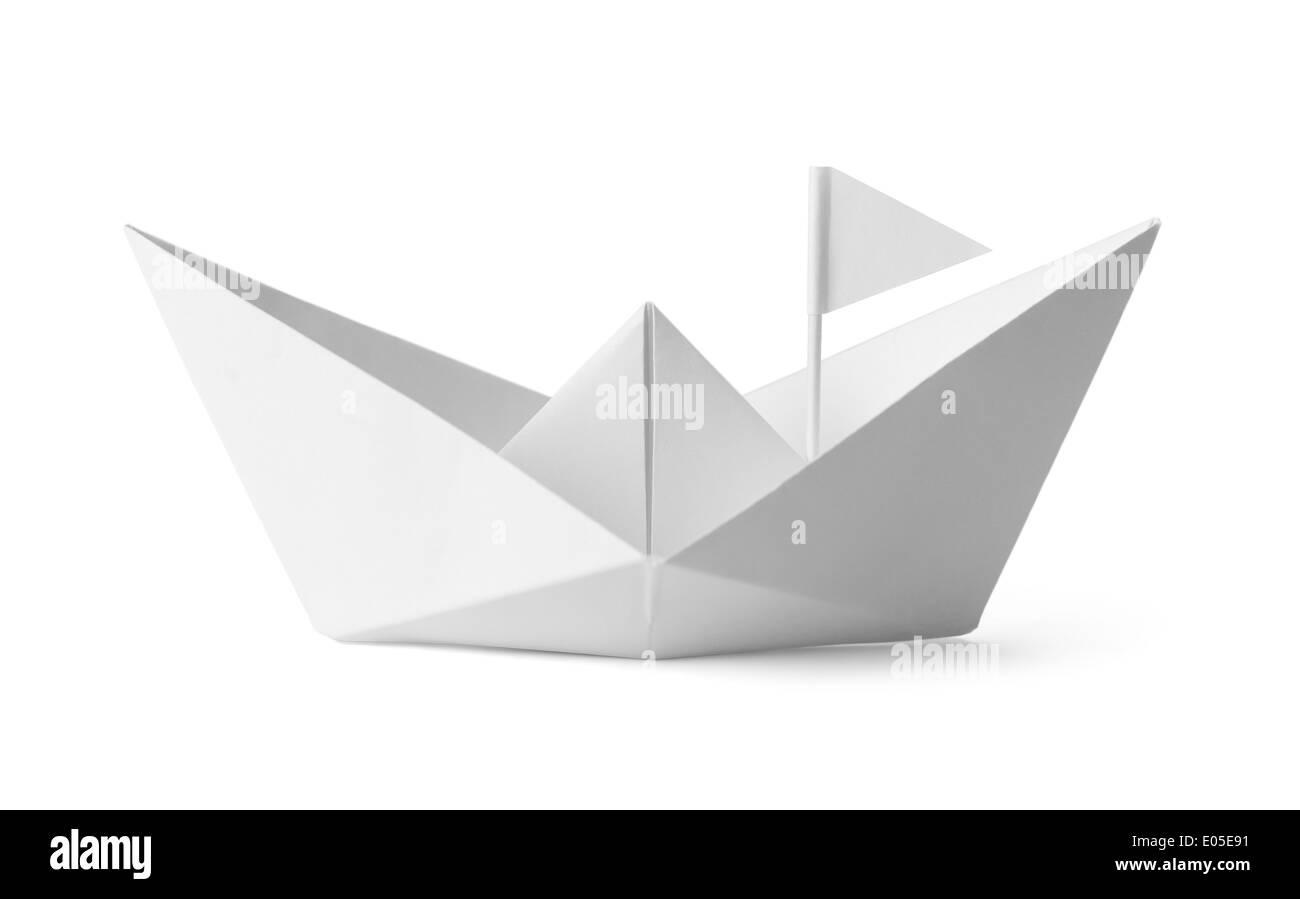 White Paper Boat With Flag Isoalted on White Background. Stock Photo