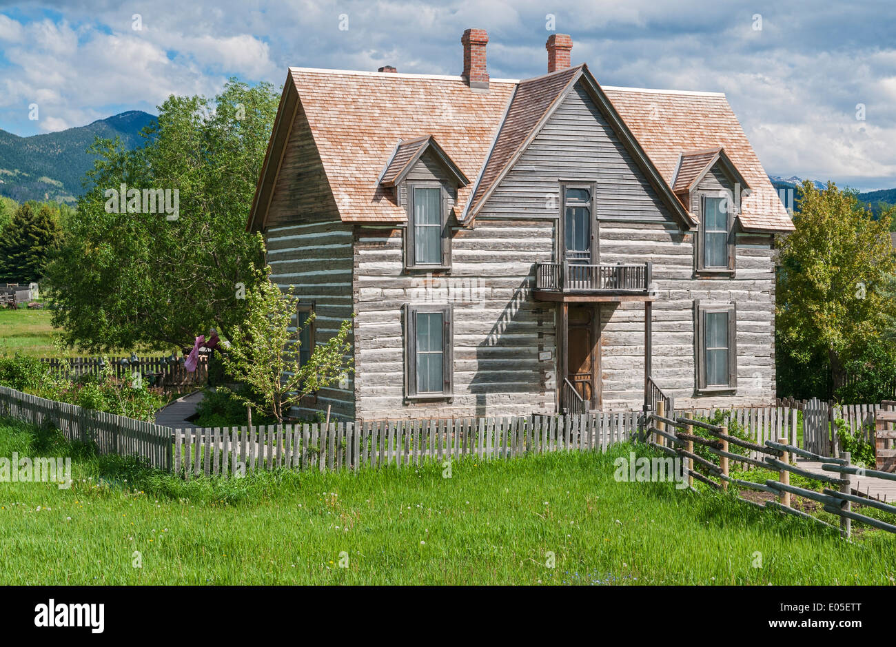 Montana, Bozeman, Museum of the Rockies, Living History Farm, original 1890s homestead house, costumed interpreter Stock Photo