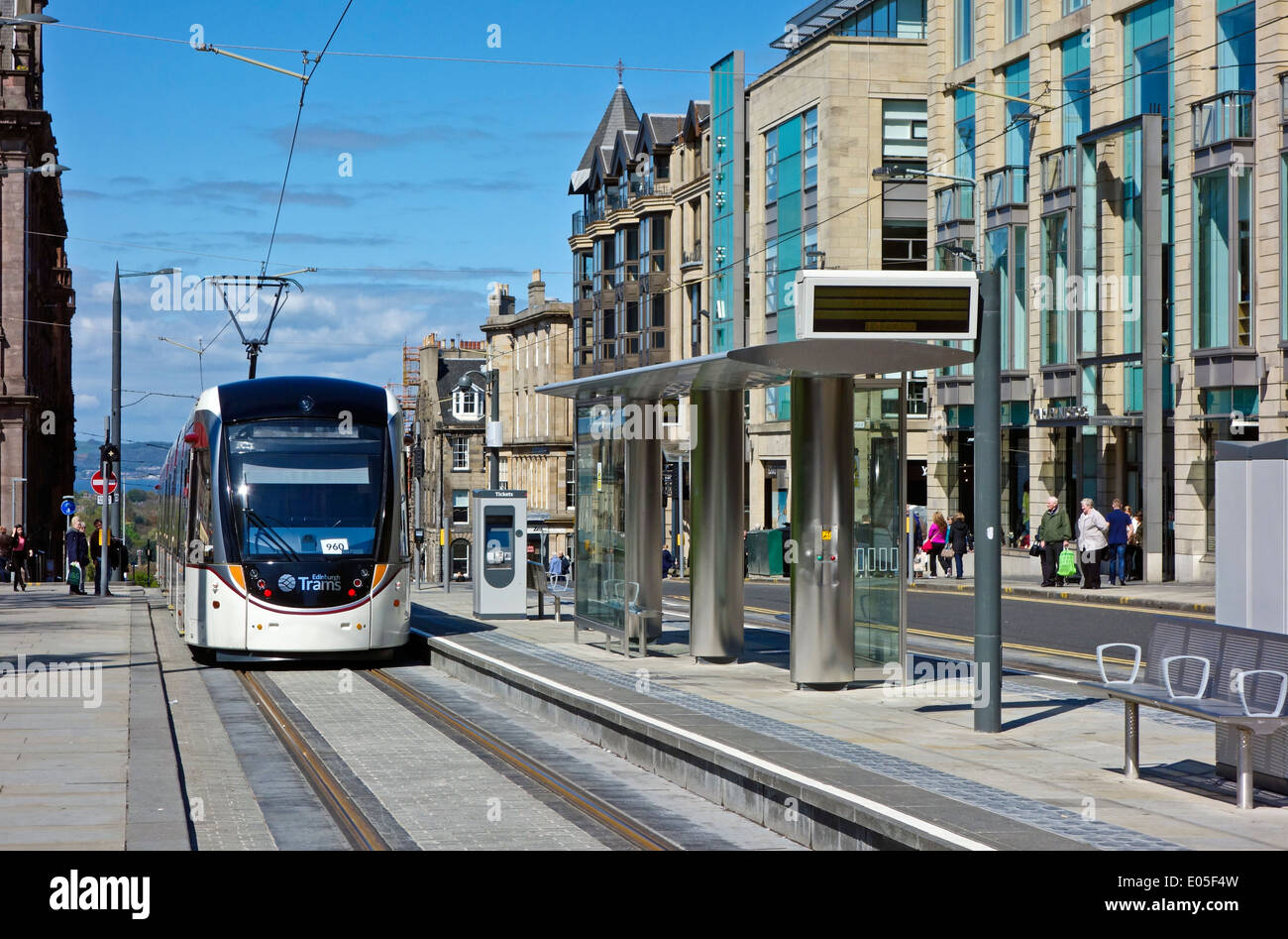 Edinburgh tram at St. Andrew Square stop in Edinburgh Scotland and