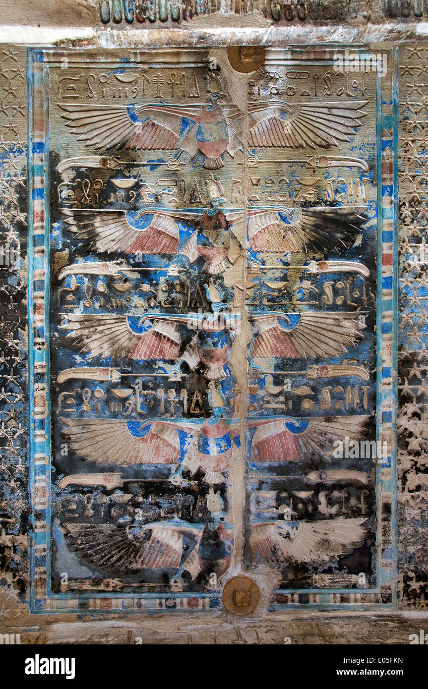 Deir el Medina,Luxor West Bank: temple of goddess Hathor.A ceiling with vultures figures. Stock Photo