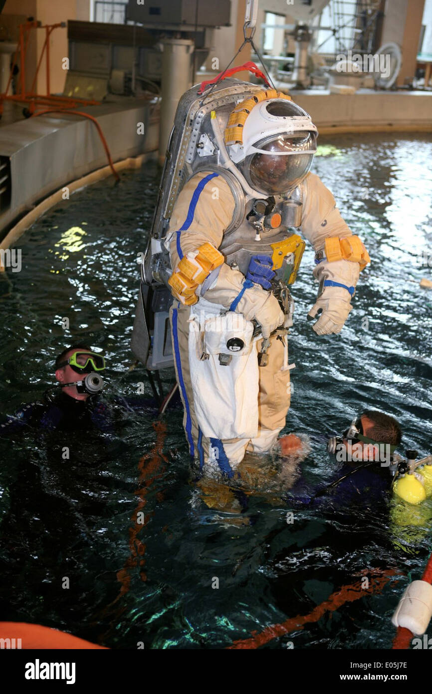 Russian Orlan spacesuit underwater spacewalk simulation Stock Photo