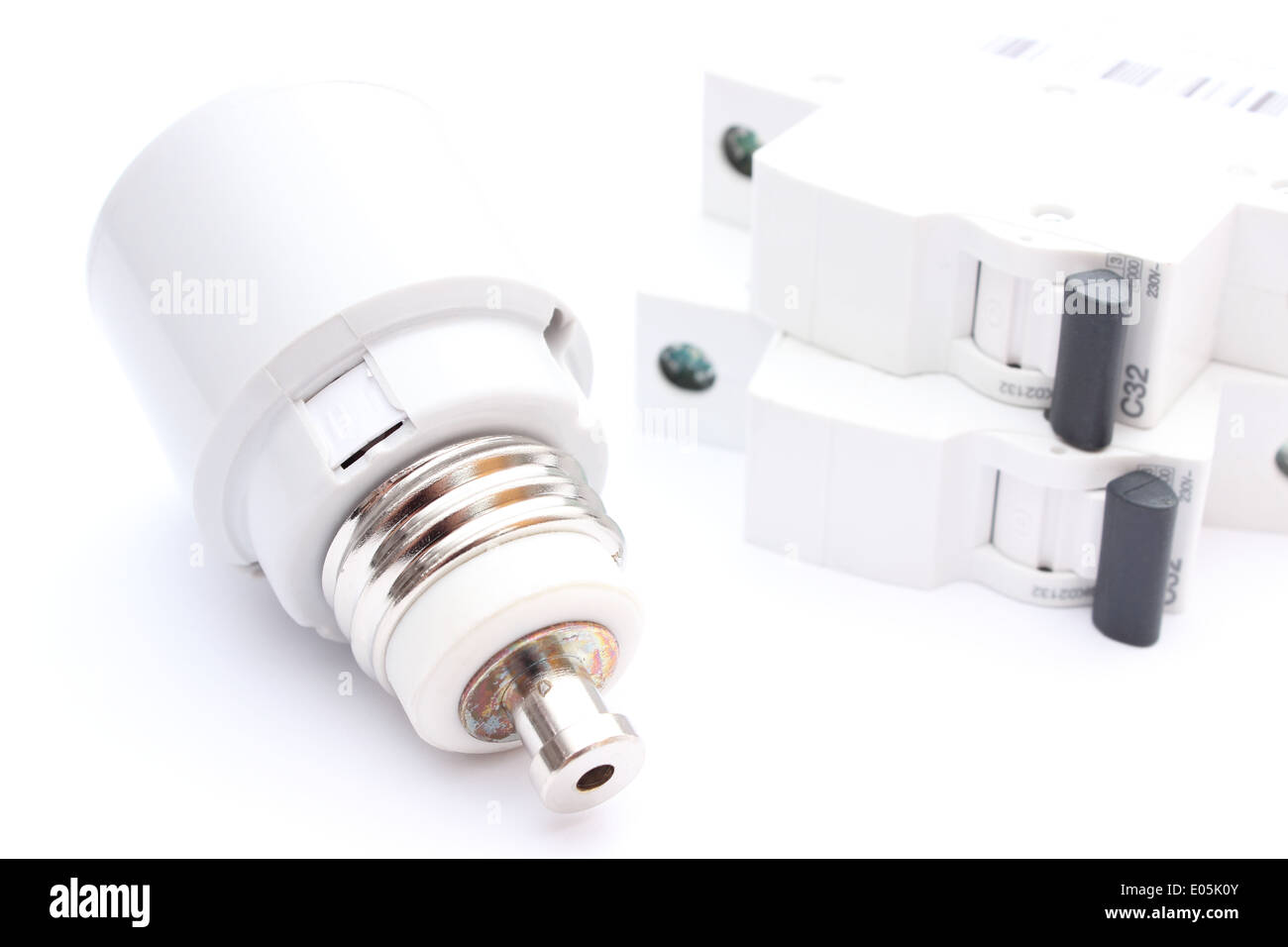 Closeup of electric fuse and switch. Isolated on white background Stock