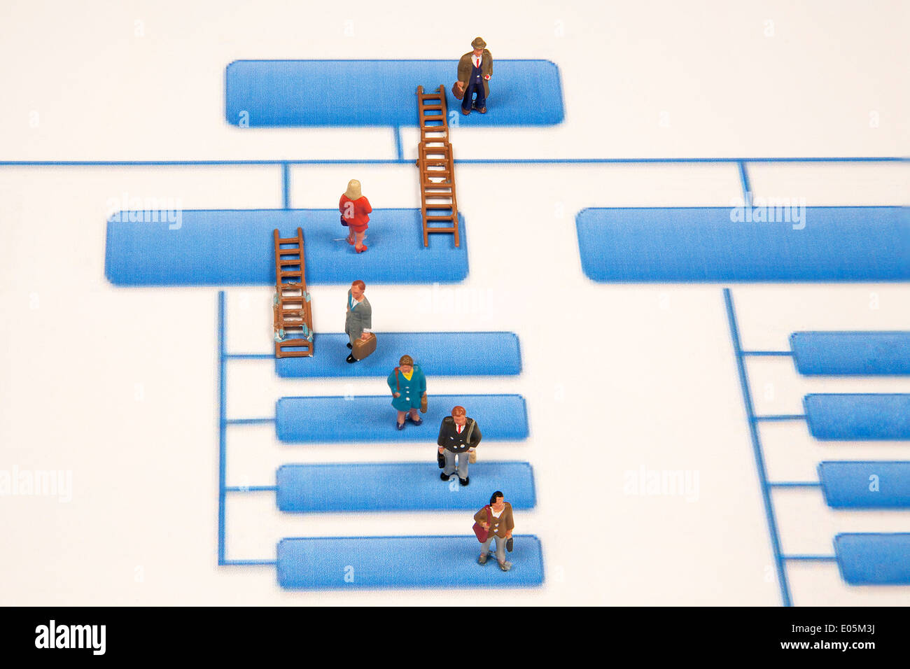 Figurines of business men and women staggered on an organizational chart with ladders between Stock Photo
