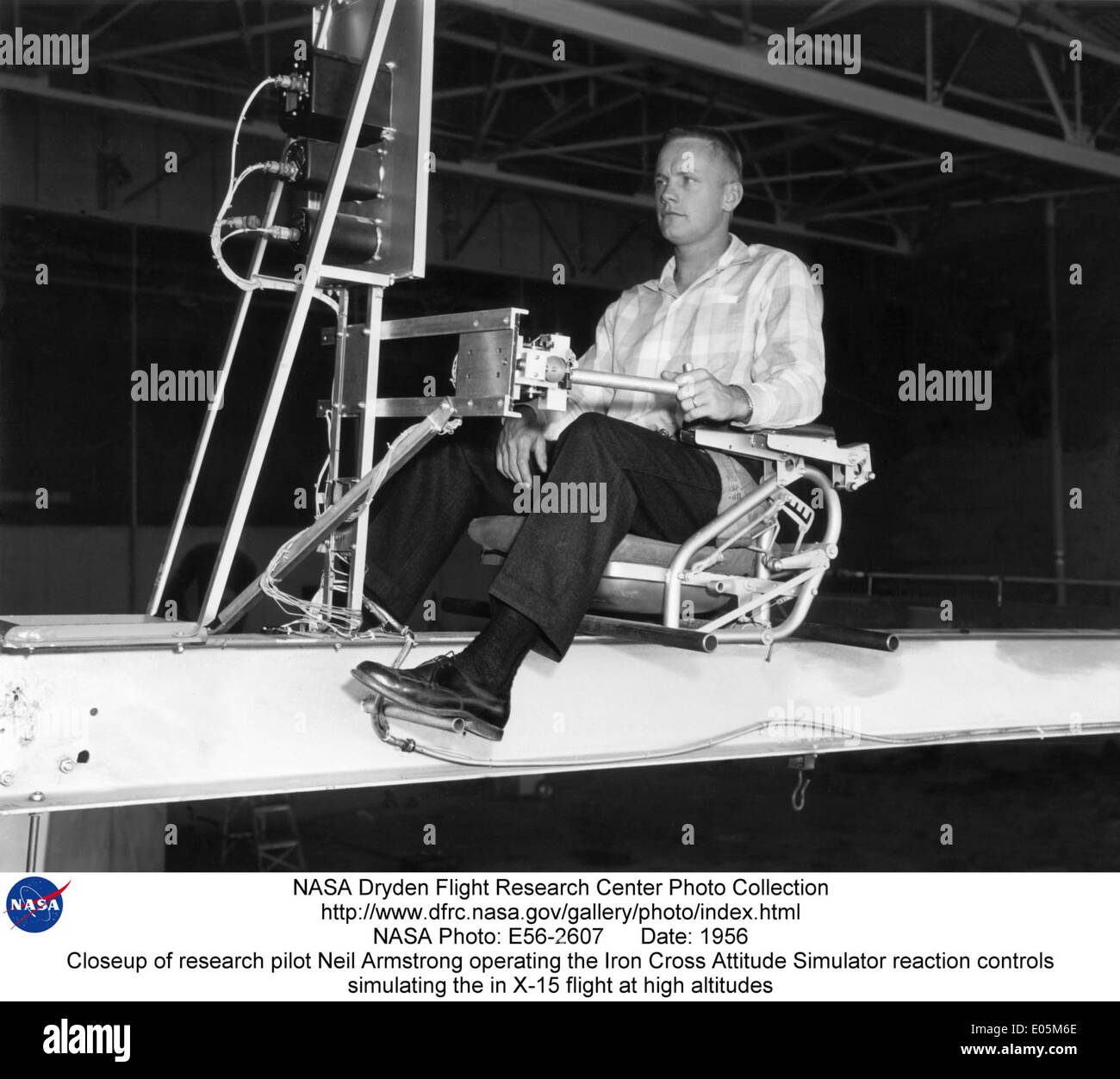 Closeup of research pilot Neil Armstrong operating the Iron Cross Attitude Simulator reaction contro Stock Photo