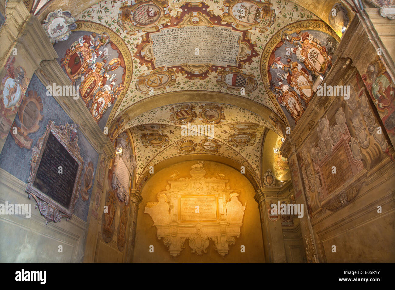 BOLOGNA, ITALY - MARCH 15, 2014: Ceiling and walls of external atrium of Archiginnasio. Stock Photo