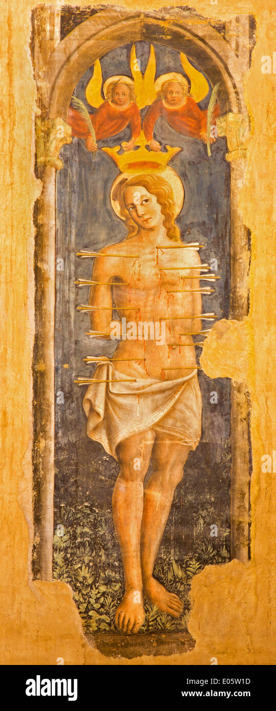 BOLOGNA, ITALY - MARCH 16, 2014: Fresco of st. Sebastian in church San Giovanni in Monte. Stock Photo