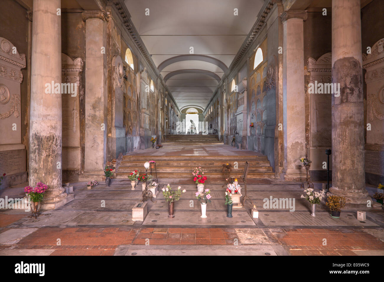 BOLOGNA, ITALY - MARCH 17, 2014: Interior corridor of old cemetery (certosa) by St. Girolamo church. Stock Photo