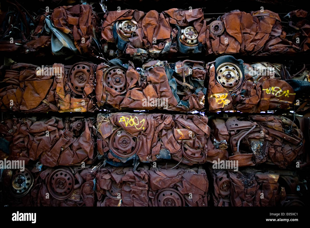Scrap cars crushed into cubes Stock Photo Alamy