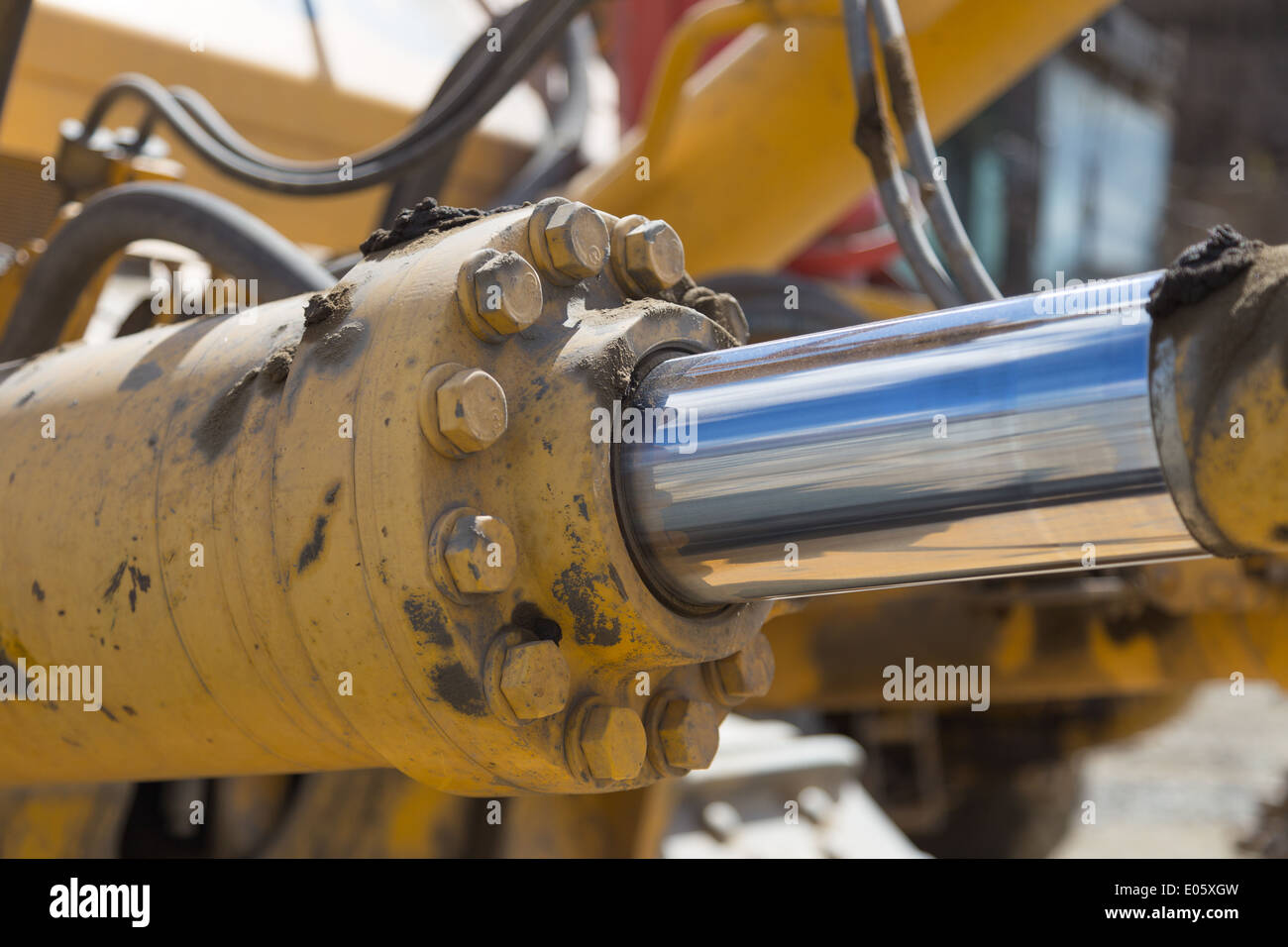 A hydraulic cylinder on a massive piece of open cast mining machinery Stock Photo