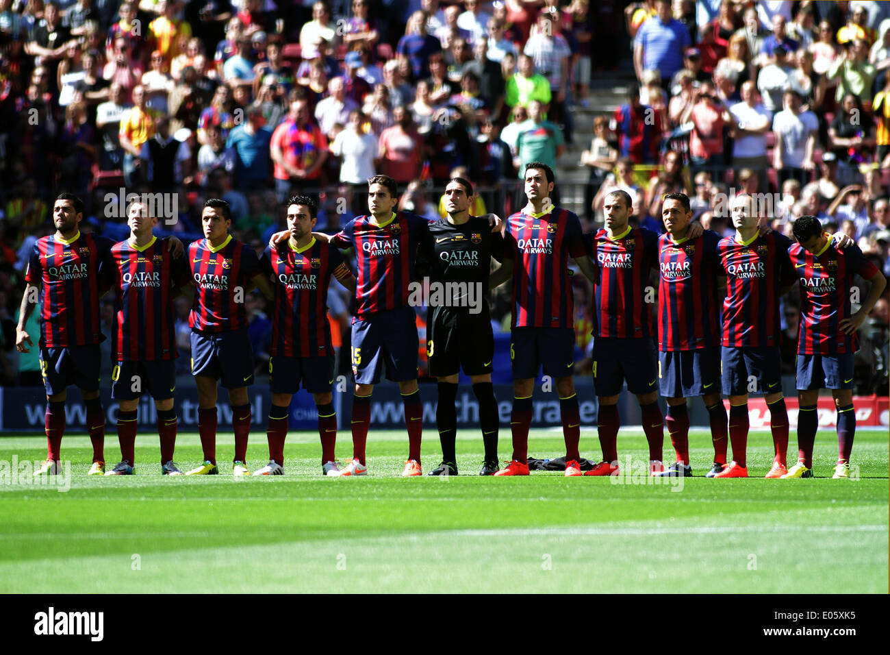 Barcelona, Spain. 03rd May, 2014. Barca players observe a minutes silence of respect during the