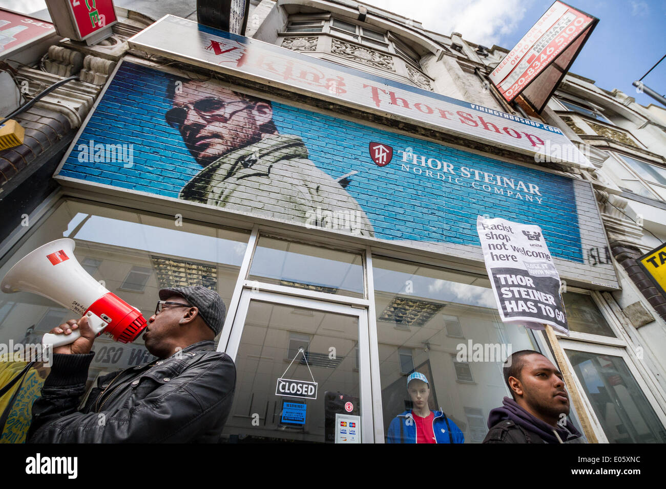 North Finchley, London, UK. 3rd May 2014. Thor Steinar far-right store protest by anti-fascists in North London Credit:  Guy Corbishley/Alamy Live News Stock Photo