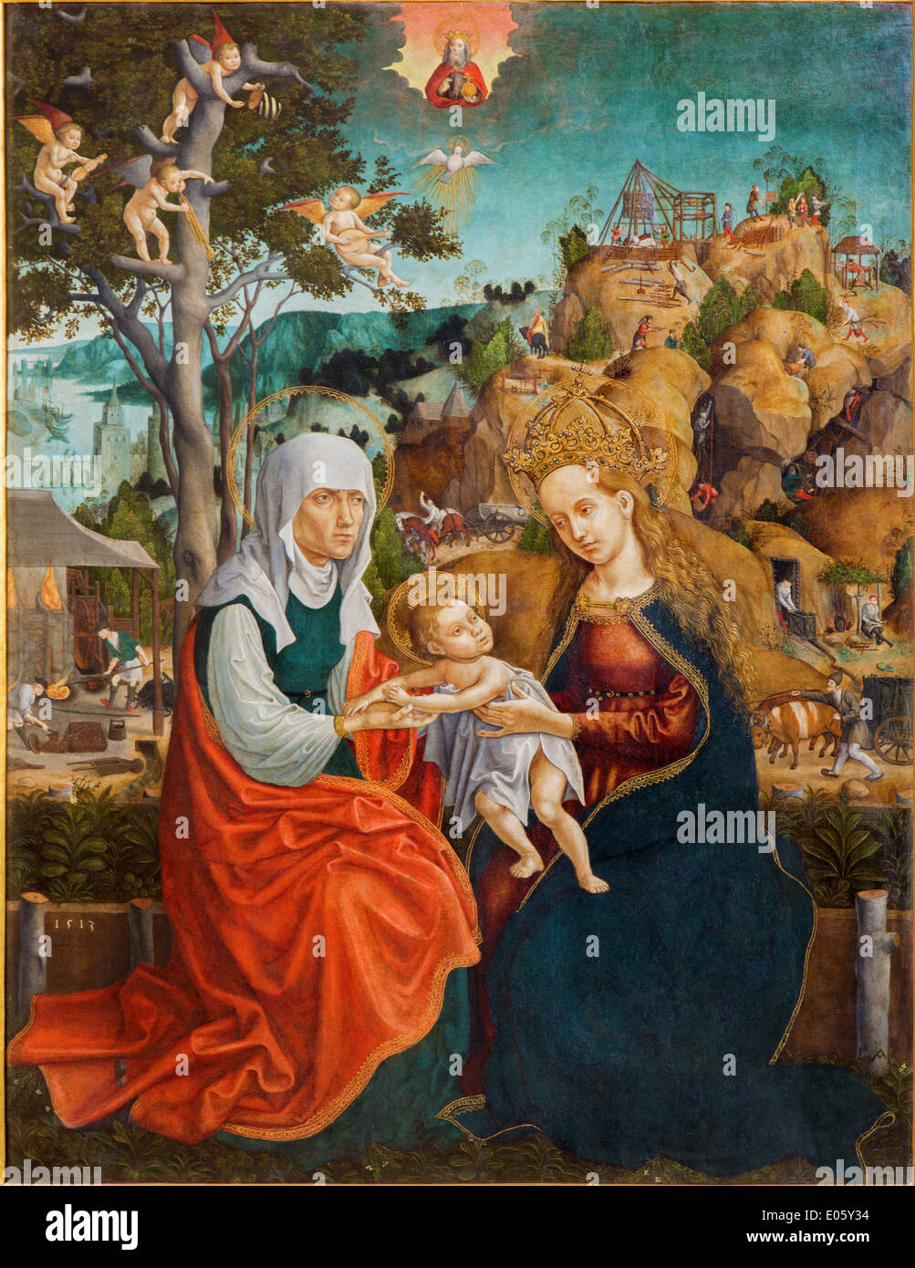 Roznava - Saint Ann, Virgin Mary and little Jesus. Paint from year 1513 by unknown painter in the cathedral. Stock Photo