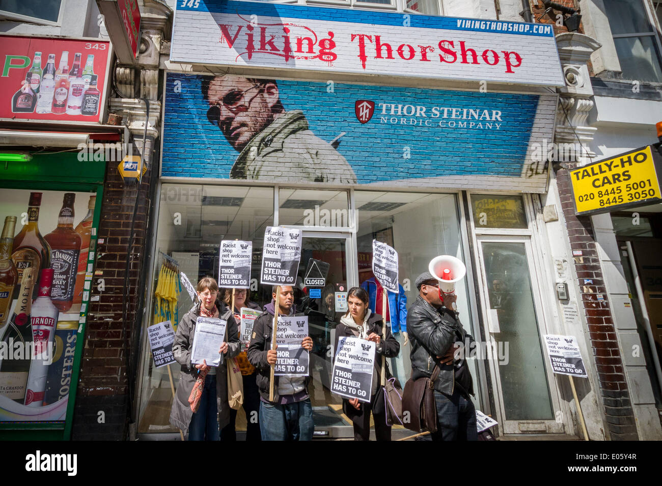 North Finchley, London, UK. 3rd May 2014. Thor Steinar far-right store protest by anti-fascists in North London Credit:  Guy Corbishley/Alamy Live News Stock Photo